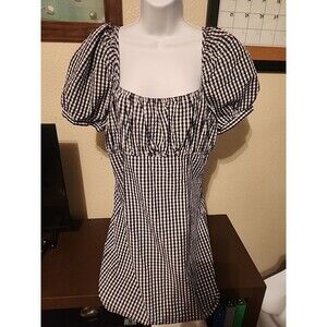 Forever That Girl Black White Checkered Dress Size M Puff Sleeve Gingham Mini